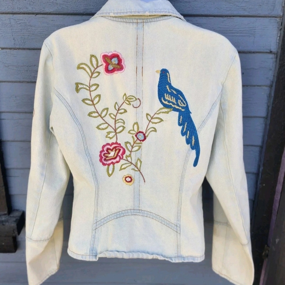 Candie's Light Blue Jean Jacket with Embroidered Bird and Flowers